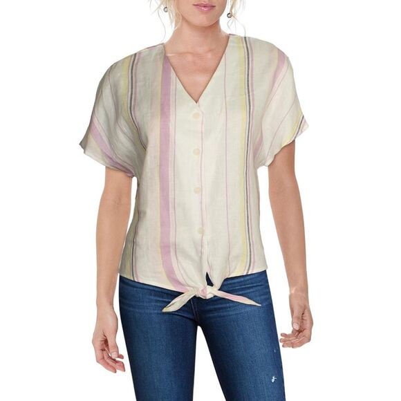 Three Dots Women's Linen Striped Button Down Tie Front Blouse NWT - Picture 1 of 2